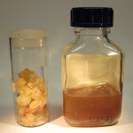 Gum arabic should be pure, as in crystals (left) or a solution (right).